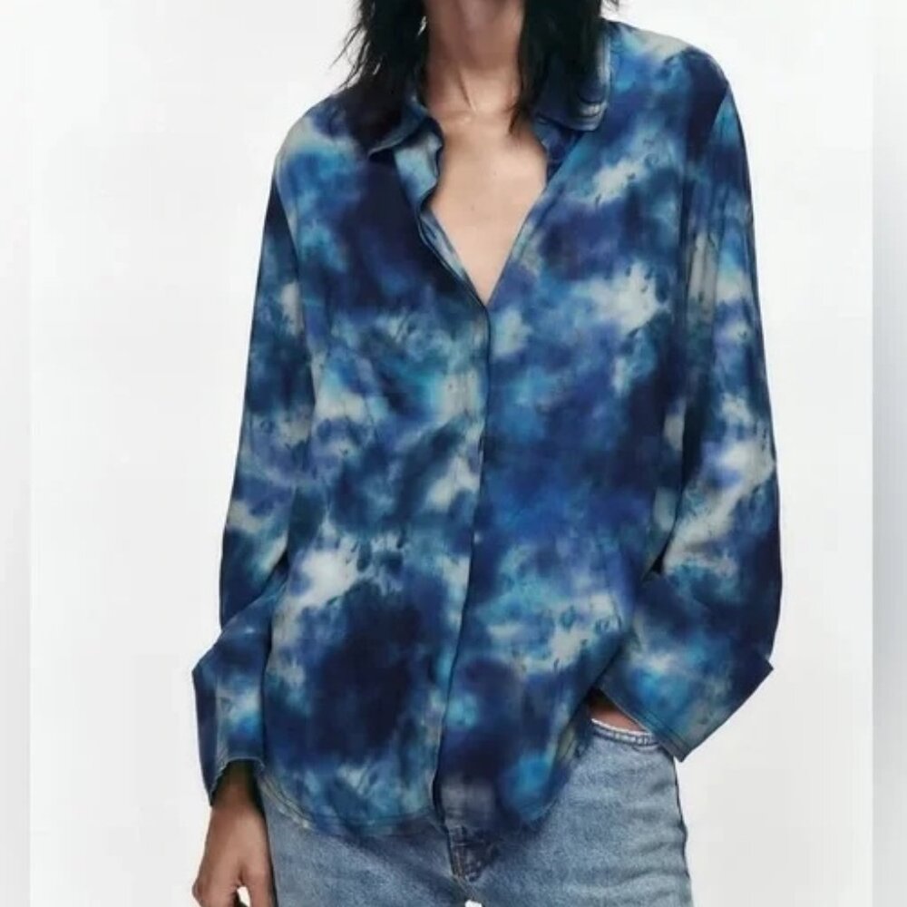 Zara Blue Tie Dye Long Bell Sleeve Button Up Blouse - Sz XL